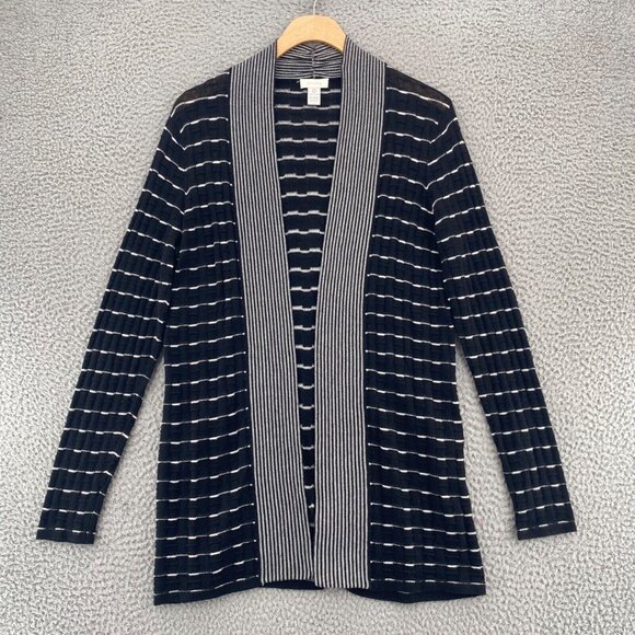 Chicos Sweater Womens 0 US Small Black White Striped Knit Cardigan Open Front - Picture 1 of 9